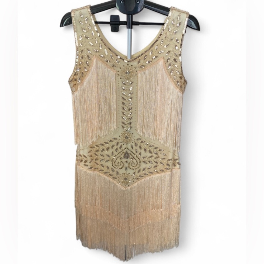 Beaded Fringe Midi Dress in Champagne